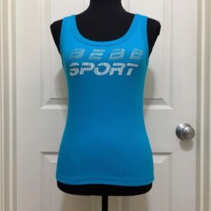 Vintage Y2K Bebe Sport Ribbed Tank Top Rhinestone Logo Blue S M L McBling 2000s